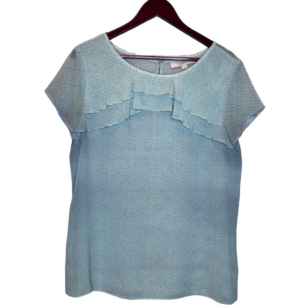 Ann Taylor LOFT Women's Cap Sleeve Ruffle Round Neck Printed Sheer Top Blouse L
